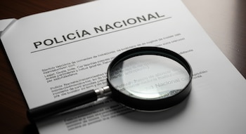 Una lupa de mango negro se encuentra sobre un documento blanco con el texto "Policía Nacional", sobre una mesa de madera oscura.