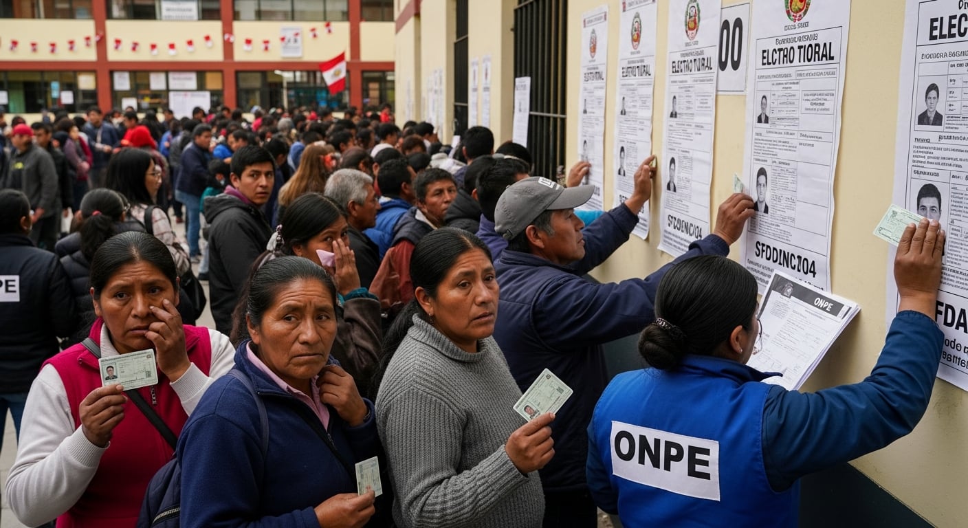 Ciudadanos peruanos revisan los padrones electorales con sus DNI en mano, formando largas filas en un centro de votación, mientras el personal de la ONPE los asiste durante una jornada electoral en Perú. (Imagen Ilustrativa Infobae)