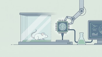 Ilustración minimalista de un laboratorio con un ratón dentro de una jaula, y un brazo robótico insertando un chip de IA con un cerebro en un zócalo. También se ven un matraz y un monitor.