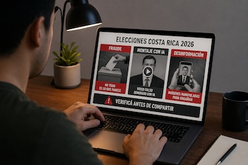 Un hombre frente a una computadora portátil que muestra gráficos sobre fraude, desinformación y montajes con inteligencia artificial en pantalla.