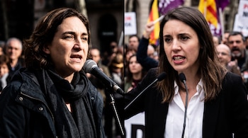 Composición de dos imágenes con Ada Colau a la izquierda e Irene Montero a la derecha frente a micrófonos con personas detrás.