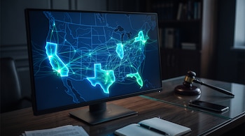 Monitor sobre un escritorio con un mapa de Estados Unidos con estados iluminados en verde, junto a un mazo de juez, un cuaderno y un teléfono.