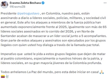 El gobernador de Córdoba, Erasmo Zuleta, pidió al Gobierno nacional frenar la violencia y cuestionó los resultados de la política de “paz total”. - crédito @ErasmoZB/X