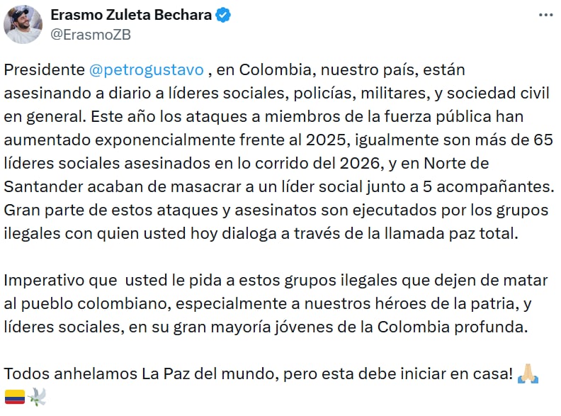 El gobernador de Córdoba, Erasmo Zuleta, pidió al Gobierno nacional frenar la violencia y cuestionó los resultados de la política de “paz total”. - crédito @ErasmoZB/X
