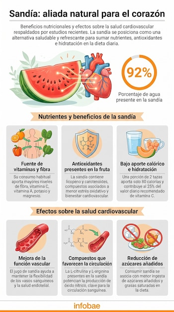 Infografía ilustra una sandía conectada a un corazón humano, destacando su 92% de agua. Muestra beneficios nutricionales y cardiovasculares con íconos.