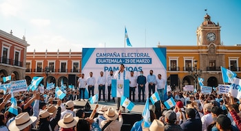 Un hombre habla en un podio con bandera de Guatemala frente a una multitud. Detrás, un cartel de campaña electoral y edificios con un reloj.