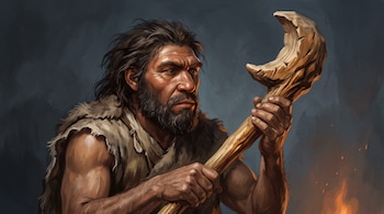 Hombre neandertal cubierto con pieles que sostiene una maza de madera tallada con la cabeza en forma de media luna.
