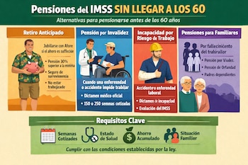 Infografía sobre pensiones del IMSS con cuatro secciones: Retiro Anticipado, Pensión por Invalidez, Incapacidad Laboral y Pensiones Familiares, más requisitos clave.
