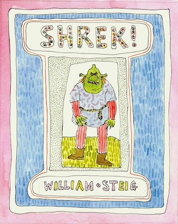 Portada del libro "SHREK!" enmarcada en rosa y azul. En el centro, un ogro verde con camisa blanca, mangas rojas y botas marrones. Abajo, el nombre del autor William Steig