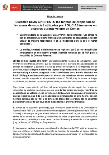 Pronunciamiento de Sucamec