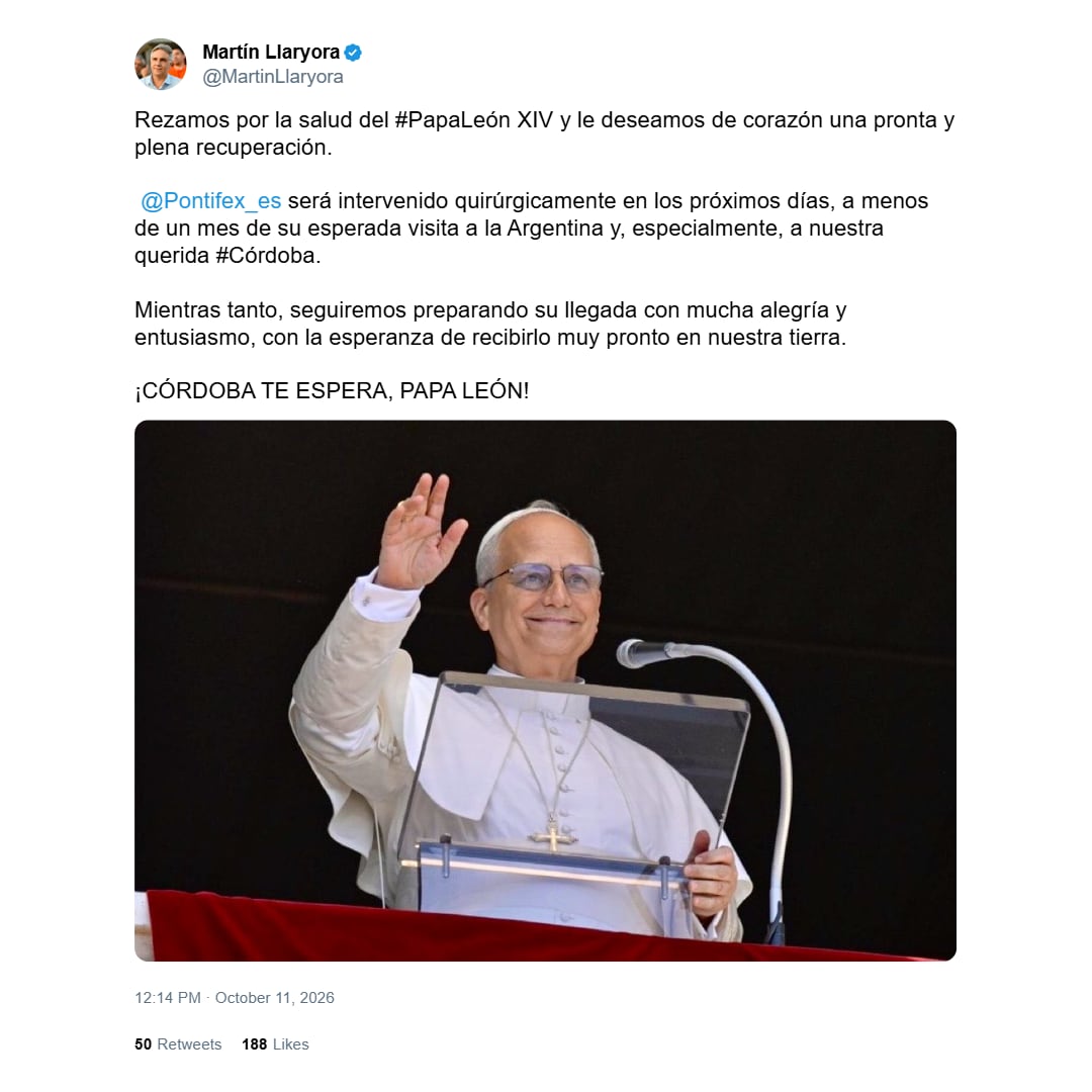 Martín Llaryora manifestó sus deseos de recuperación y recordó que la cirugía tendrá lugar a menos de un mes de la visita programada