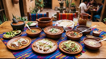 Una mesa de madera con un mantel colorido tiene cazuelas de barro con frijoles, platos con enfrijoladas, salsa en molcajete, aguacate y tortillas.