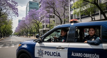 Patrulla policial azul y blanca con dos oficiales a bordo, un hombre al volante y una mujer de copiloto, en una calle urbana flanqueada por jacarandás y edificios.