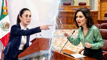 Representación visual de Claudia Sheinbaum a la izquierda y Isabel Díaz Ayuso a la derecha, separadas por un rayo y ambas señalando con el dedo.