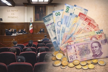 Composición visual que muestra el Pleno de la Suprema Corte de Justicia con ministros en sala y una bandera mexicana, junto a billetes y monedas de pesos mexicanos.