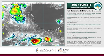 Mapa satelital de México que muestra nubes y zonas de tormenta, con texto de pronóstico de lluvias, fecha del 2 de agosto de 2026 y logotipos de CONAGUA y SMN