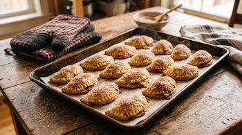 Bandeja de metal con empanadas espolvoreadas sobre una mesa de madera, acompañada por guantes para horno, un cuenco y un paño.