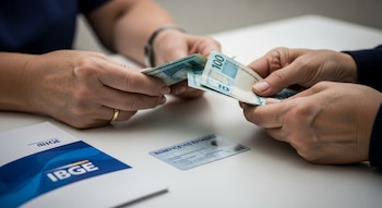 Dos pares de manos genéricas cuentan billetes de real brasileño sobre una mesa blanca, junto a una tarjeta de beneficios y un folleto azul y blanco del IBGE.