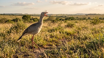 Una chuña de patas largas rojizas y pico anaranjado abierto camina entre la hierba baja de un pastizal al atardecer.