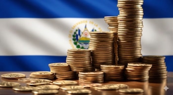 Múltiples pilas de monedas doradas apiladas y dispersas sobre una superficie de madera, con la bandera de El Salvador, que es azul y blanca, ondeando de fondo