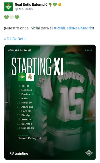 Álvaro Fidalgo reapareció como titular en el Betis tras cuatro partidos sin minutos en LaLiga y enfrentó por primera vez al club que lo vio nacer. (X/ @RealBetis)