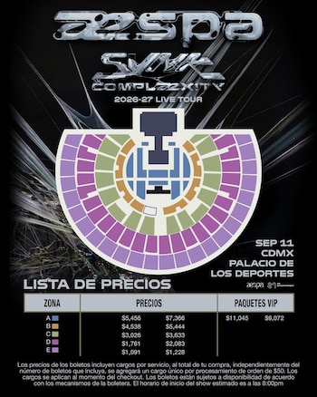 Cartel informativo del concierto de aespa en CDMX. Muestra un mapa de asientos del Palacio de los Deportes con zonas coloreadas y una tabla de precios por sección y VIP