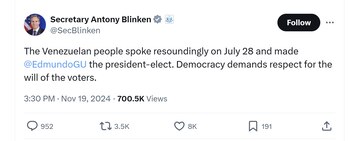 El secretario de Estado de Estados Unidos, Antony Blinken, informó sobre el reconocimiento de Edmundo González como presidente electo de Venezuela - crédito @SecBlinken/X