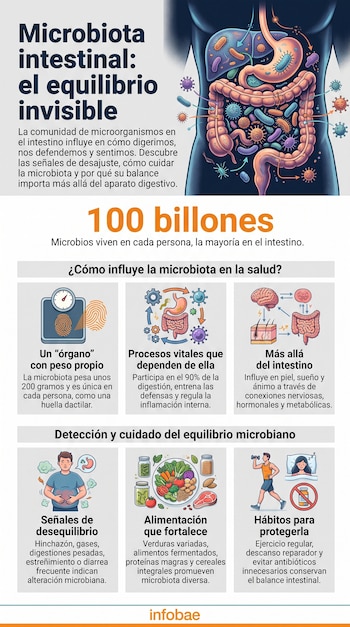 Ilustración del cuerpo humano con intestino y microorganismos. Infografía sobre la microbiota, sus funciones, señales de desequilibrio y cuidado.