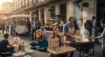 Una calle concurrida con un pintor, un músico con guitarra, una vendedora de joyas, un parrillero cocinando, un puesto de café y una floristería.