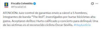 Juez de control de garantías envió a cárcel a 5 hombres, integrantes de banda “The Roll”. Investigados por hurtar bicicletas alta gama - crédito @FiscaliaCol/X