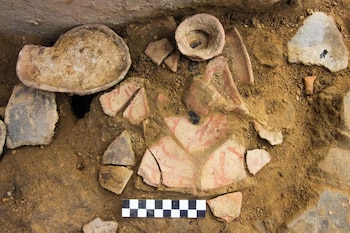 Los materiales fueron colocados dentro del relleno utilizado para sellar el acceso entre el Recinto 3 y la Plaza 1. Andina