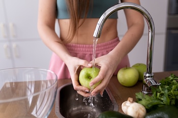 Una mujer lavando una manzana bajo el grifo de la cocina (Freepik)