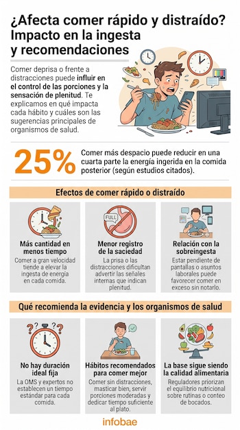 Ilustración de hombre comiendo rápido con celular y computadora. Infografía con textos, cifras (25%), relojes, platos de comida, estómago, balanza y logo Infobae.