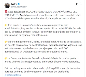 Wally aseguró que la atención oficial no registraba contratos ni órdenes de proveeduría para enfrentar la emergencia - crédito @MeDicenWally/X