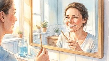Una ilustración en acuarela muestra a una mujer frente a un espejo, sosteniendo un cepillo de dientes y sonriendo. Se ve su reflejo, la luz del sol entra por una ventana.