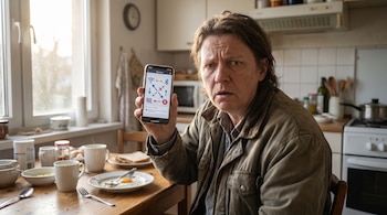 Un hombre de mediana edad con chaqueta sostiene un smartphone con íconos de conexión, mirando a cámara con expresión confundida en una cocina con luz natural.