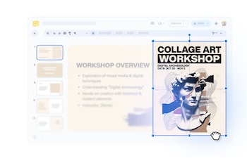 Una captura de pantalla de un editor web muestra una mano con cursor redimensionando un póster de "COLLAGE ART WORKSHOP" con una escultura de busto