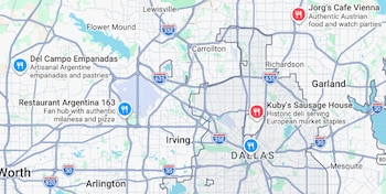 Mapa del área metropolitana de Dallas mostrando rutas y ciudades. Se observan nombres de restaurantes: Del Campo Empanadas, Restaurant Argentina 163, Jorg's Cafe Vienna, Kuby's Sausage House