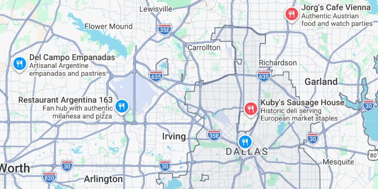 El mapa de Dallas indica la distribución de varios restaurantes con especialidades argentinas y austríacas (Google Maps)