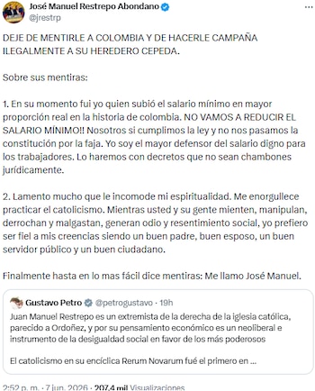 José Manuel Restrepo responde às críticas de Gustavo Petro e critica sua administração por seu salário e sua fé católica - crédito @jrestrp/X
