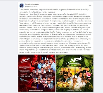 Comunicado de Antonio Cartagena. Facebook
