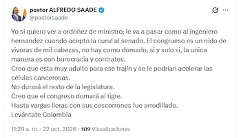 Alfredo Saade cuestionó en X los desafíos que, según él, enfrentará Ordóñez en su relación con el Congreso - crédito @pastorsaade/X