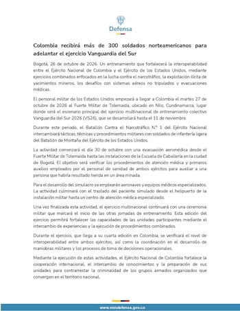 Más de 300 integrantes del Ejército de Estados Unidos llegarán a Colombia para participar en el ejercicio multinacional Vanguardia del Sur 2026, una actividad de entrenamiento que se realizará entre el 27 de octubre y el 11 de noviembre en el Fuerte Militar de Tolemaida, en Nilo, Cundinamarca - crédito Ministerio de Defensa