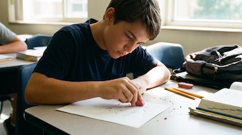 Un joven estudiante con camiseta azul se inclina sobre un pupitre, borrando un dibujo o texto en un papel blanco con una goma rosa. Hay virutas de goma en el papel.