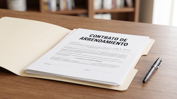 Un documento impreso con el título Contrato de arrendamiento en una carpeta beige y un bolígrafo negro sobre una mesa de madera.