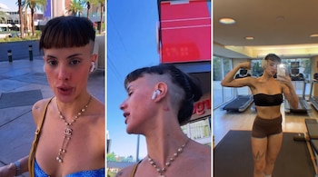 Collage de tres fotos verticales de una mujer con peinado rapado a los lados, audífonos y un collar de perlas en exteriores y en un gimnasio.