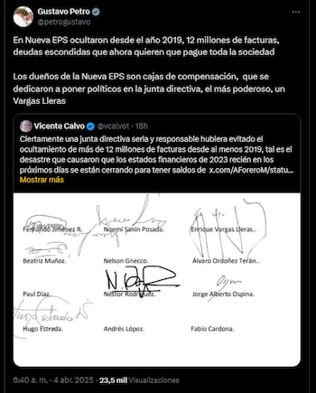 Gustavo Petro acusó a Nueva EPS de ser respaldada por Germán Vargas Lleras en medio de su intervención - crédito Gustavo Petro/X