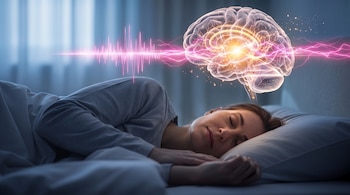 Una mujer acostada en una cama junto a una representación de un cerebro iluminado y ondas de luz rosadas.
