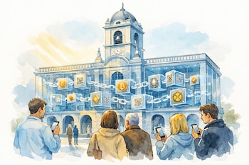 Ilustración de acuarela muestra un edificio público transparente con cadenas de bloques, íconos de criptomonedas y códigos QR. Cinco personas consultan teléfonos.