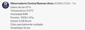 Captura de texto con datos meteorológicos de temperatura, humedad, presión, viento y visibilidad del Observatorio Central Buenos Aires